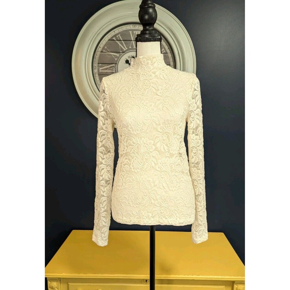 LOFT Lace Top Women's Small Ivory Mock Neck Long Sleeves Blouse Top Sheer